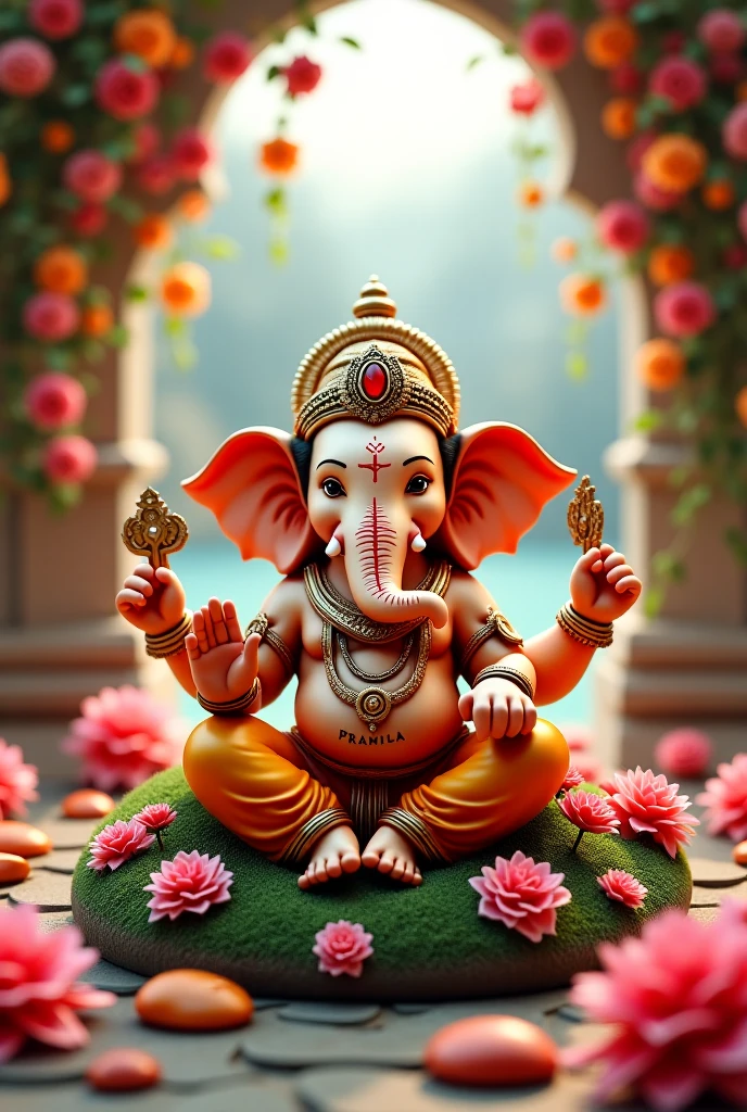 Lord ganesha sited on lotus leaf in lotus pond and many lotus are there and behind it there are trees with pink and green leaves respectivyly