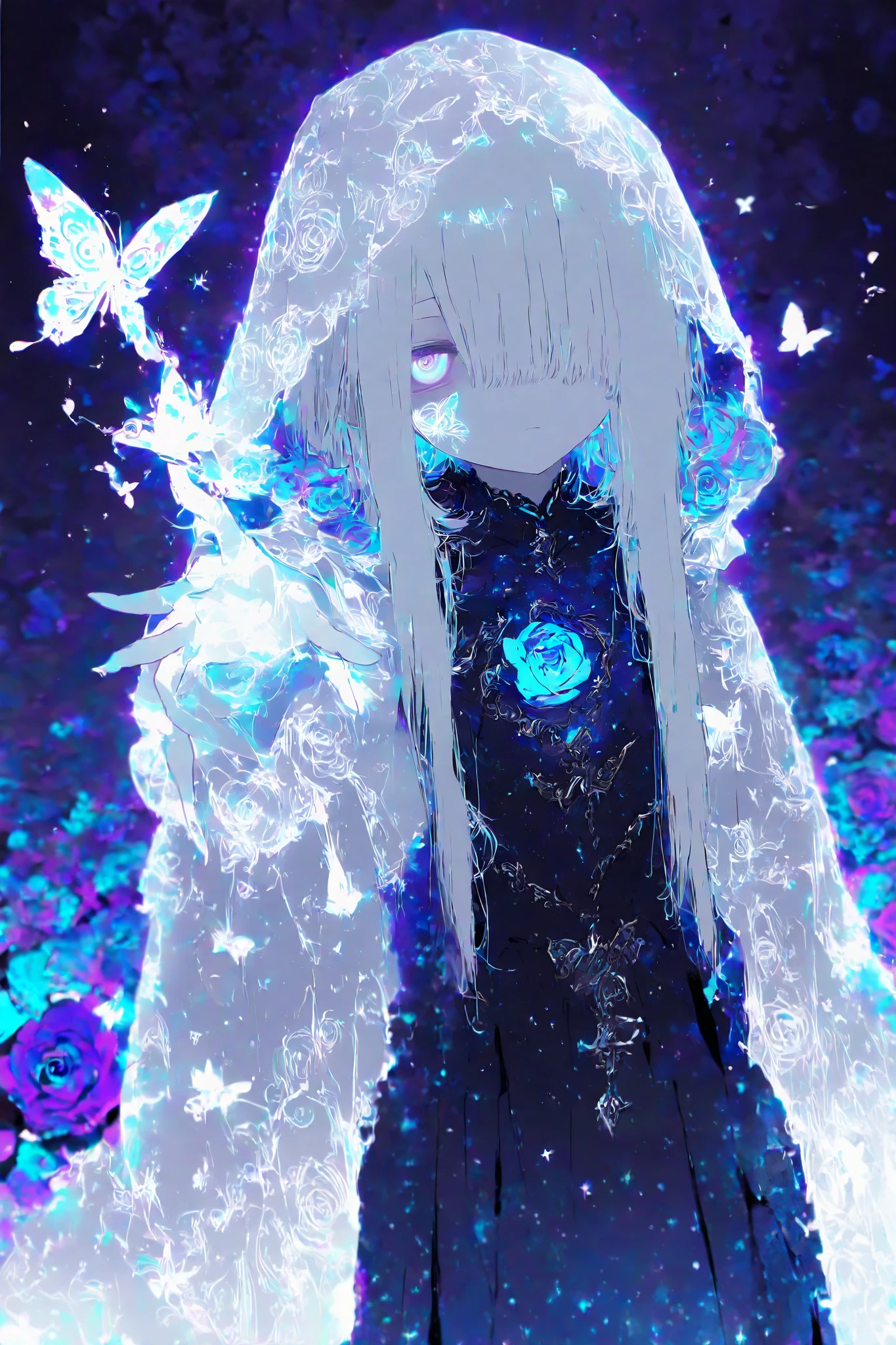 illustration, best quality, dramatic lighting,r17329_illu, 0__11Xx_illu,masterpiece, best quality, ultra-detailed, a photorealistic depiction of a beautiful young woman with long, flowing silver hair, dressed in an ornate hooded cloak adorned with intricate butterfly designs. She stands in a mystical night scene, surrounded by shimmering lights and an ethereal cityscape in the background, with tall spires reaching into the starlit sky. The woman’s soft lavender eyes are filled with a calm yet distant expression, as if she’s lost in thought, while she holds her hand out gently, releasing a glowing, ethereal butterfly. Her gown is detailed with delicate blue roses and a large bow at the center, with finely textured fabric that glows faintly in the moonlight. The stars and galaxies above swirl in vibrant blues and purples, casting a magical glow over the entire scene. The attention to detail is remarkable, with every strand of her hair, every fold in her clothing, and every glowing star in the background rendered with stunning realism, creating a serene and enchanting atmosphere.
