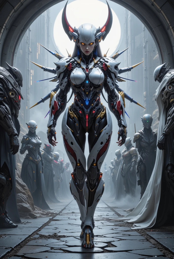 Marine space, Martelo 40,000, mundo em guerra, linda mulher cyberpunk com armadura mecha master chef halo muito detalhado, cores vibrantes, metallic red, sujo de sangue, with sky with clouds and full moon and battleships, corpo inteiro com armadura detalhada, campo de batalha sangrento,