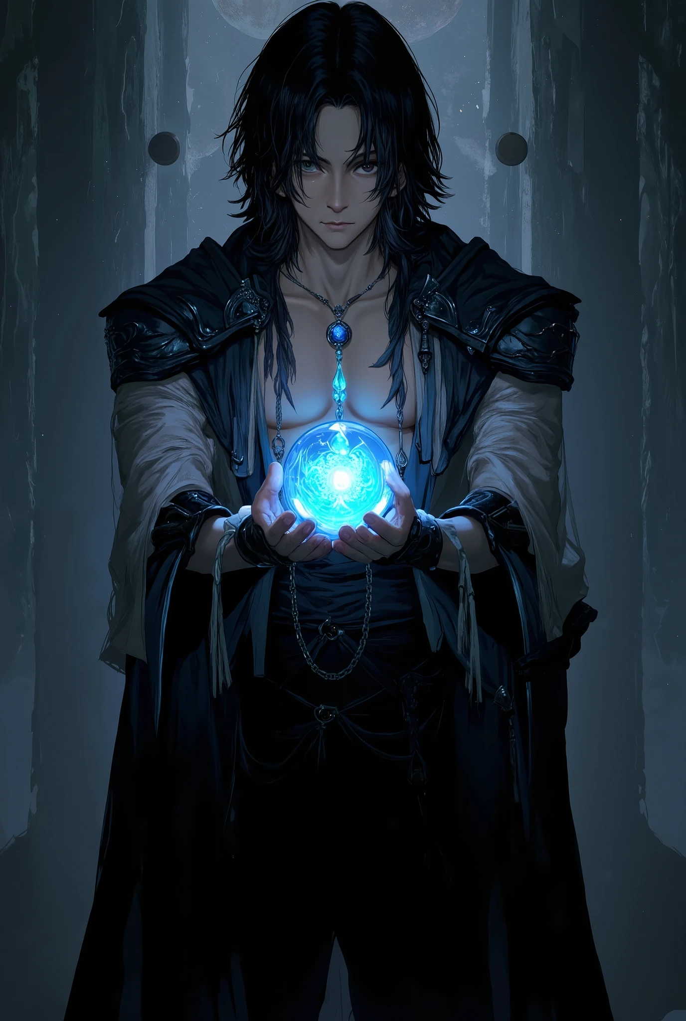 a young man with dark wavy hair wearing a black cloth warrior uniform and holding a glowing blue ball in his hand (black uniform, ).