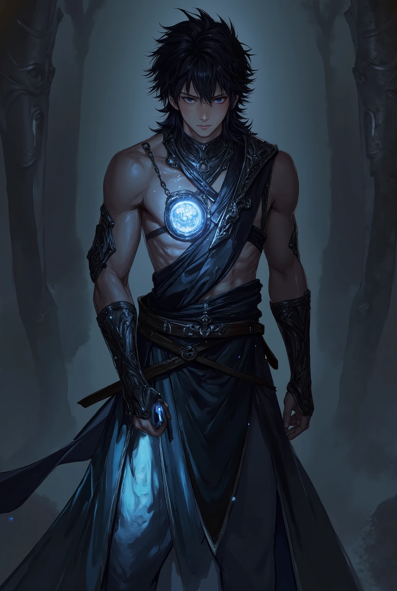 a young man with dark wavy hair wearing a black cloth warrior uniform and holding a glowing blue ball in his hand (black uniform, ).