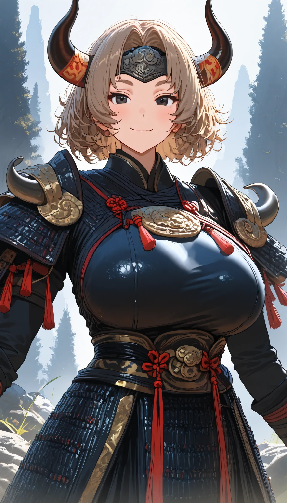 A buffalo Female ,buffalo horns,Round Face, Perfect body, Oppai, (short hair, light brown hair, messy hair, parted bangs),buffalo Metal Forehead Protector, Black eyes, Wearing A Dark buffalo armor (Chinese Armor,Matte), Open pose, Bright smile, In A Stone forest, UHD, SOLO, anatomically correct, masterpiece, textured skin, high details, highres, 1080P, 16k, accurate,Beautiful face, Perfect face, Highly detailed beautiful face and eyes, Attractive face, Detailed face, Delicate facial features, Detailed skin,Cowboy shot, (((hbig bosom)))