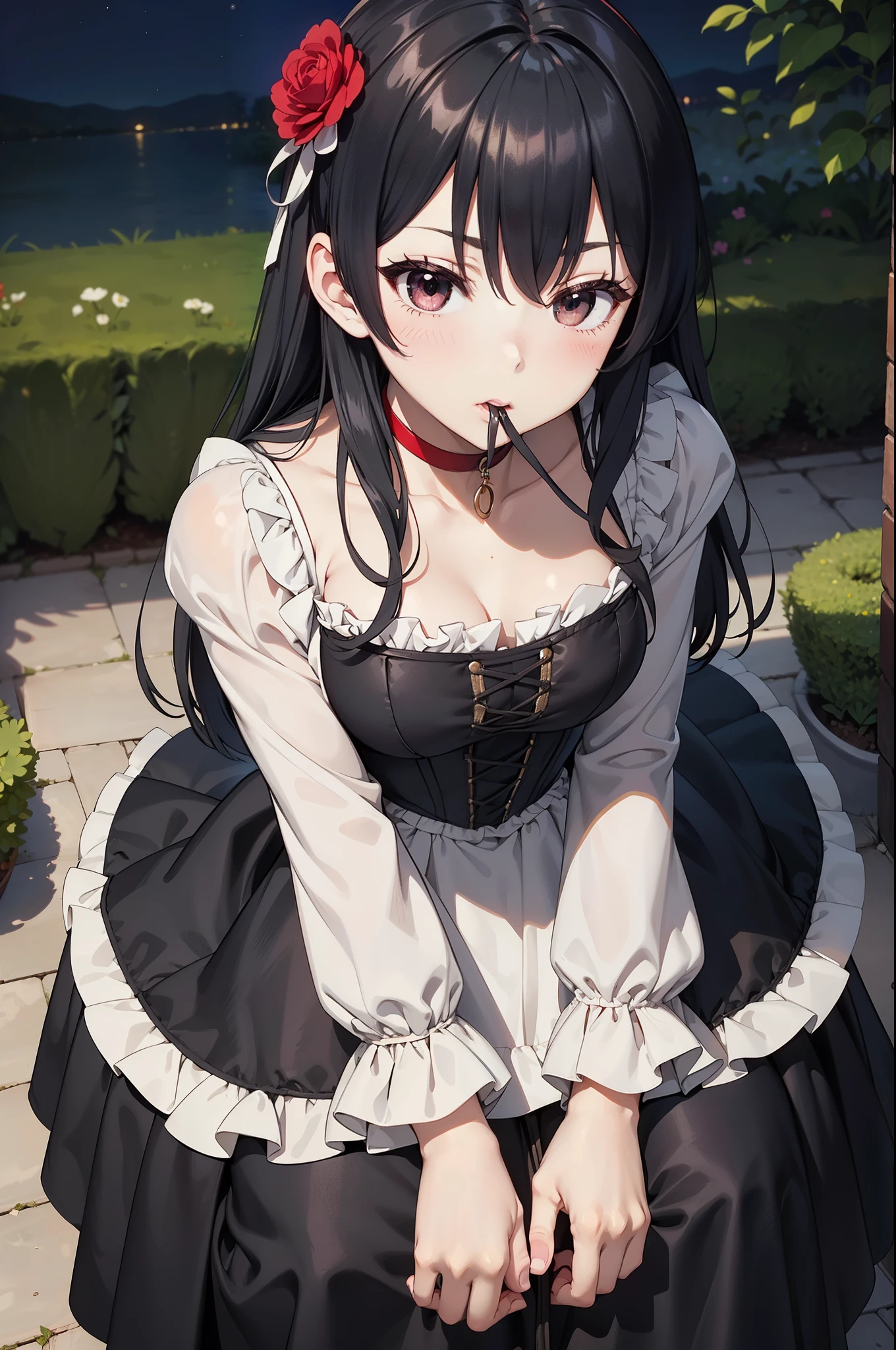 masterpiece, Anime Style, A young girl, of foot, (seen from above). pretty face, surprised expression, mouth shut, (((intense blush on her cheeks))), Long Black Hair, detailed eyes, black eyes, choker : 1.6, ((Victorian style dress in red and white)), corset, (long skirt), self-critical , greenish garden, at night