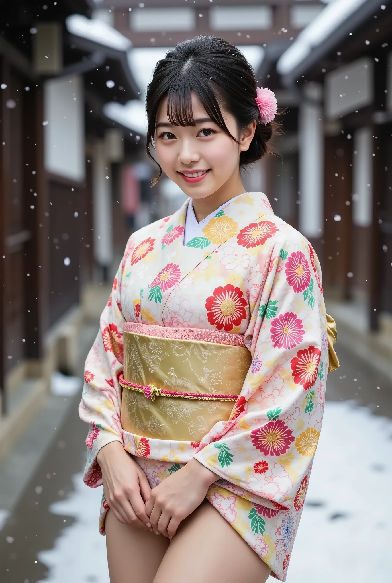 A ite young Japanese woman in her 20s wearing a modern kimono and smiling happily is sitting in front of the torii gate of a snowy shrine, (((Her arms are folded behind her back and her legs are spread wide on both sides in an M-shape, showing off her floral print panties, her camel toes are visible))), with large eyes with double eyelids, thick lips, black hair, dark pupils, a Japanese hairstyle, and looking at the viewer,