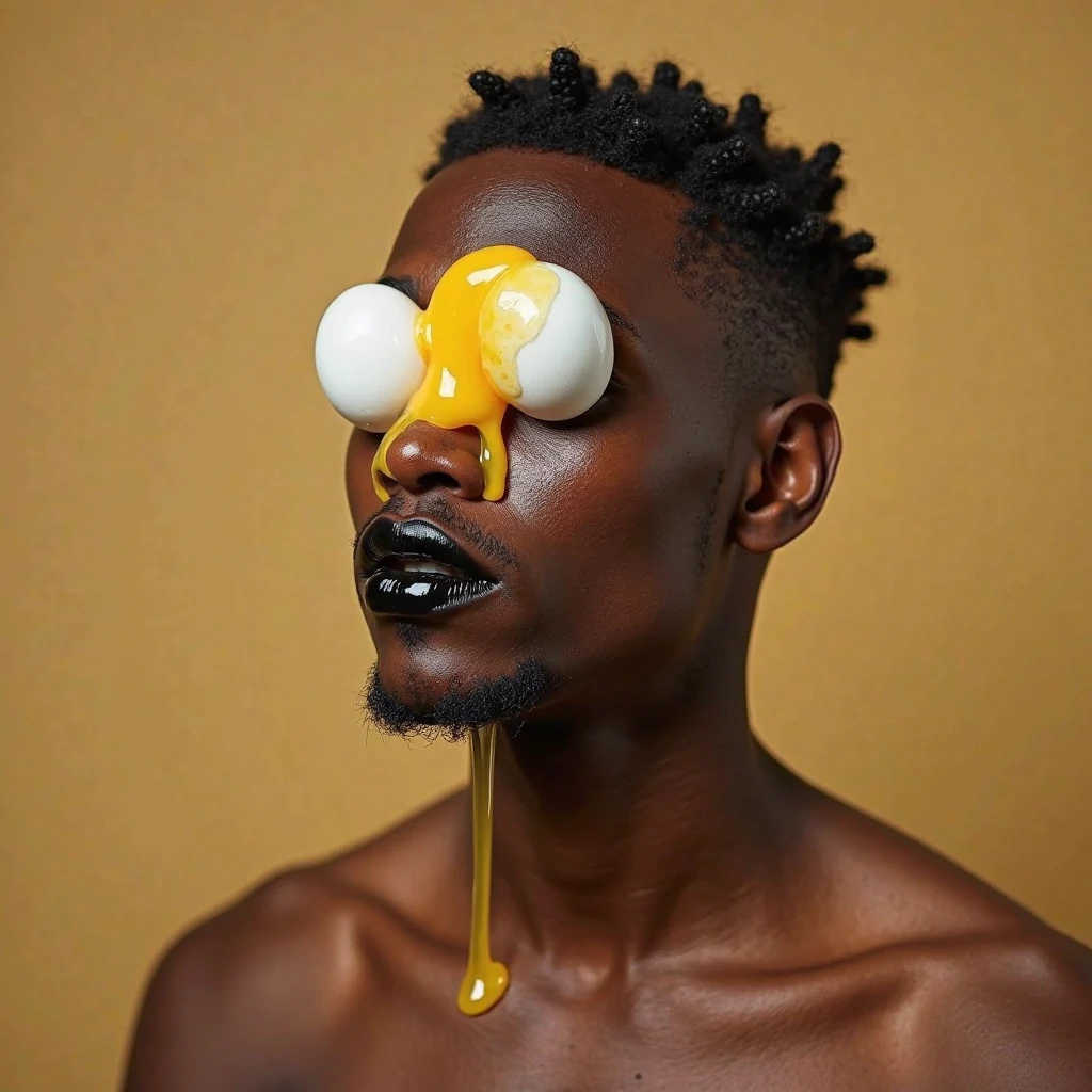 portrait of black male, ultra detailed, high detailed skin, (face covered by milk:1.2), sharp reflection eyes, photo manipulation, impressionism, style of Josh Adamski