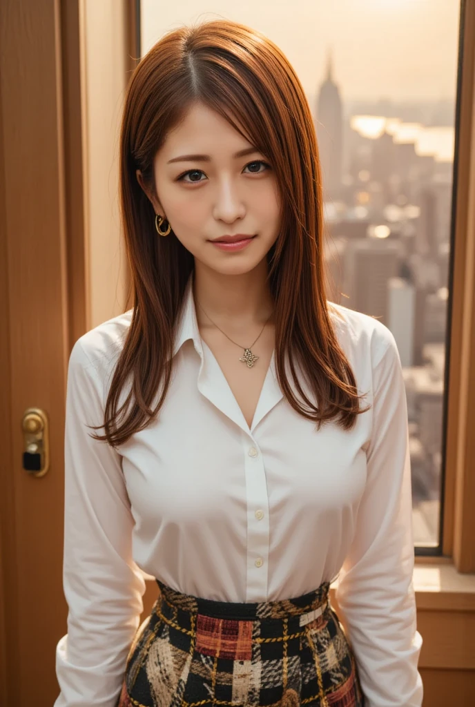 Tied Up Woman、(((Hands behind back with wrists crossed)))、(My wrists are tied with rope)、Beauty、Well-formed face、Shiny long black hair、Make your eyes even、Inside the hotel room、From behind、Show your whole body、White short sleeve shirt、Navy Semi-Long Skirt、Panty lines、Wearing pumps、Standing in front of the window、Age 25、Medium build、Like a real photo、Highest quality, light brown hair, straight hair, shiny hair, parted lips, seductive smile, Surrealism, Hyperrealism, Verism, cinematic lighting, tachi-e, first-person view, from behind, Nikon, UHD, anatomically correct, best quality, highres, 8k