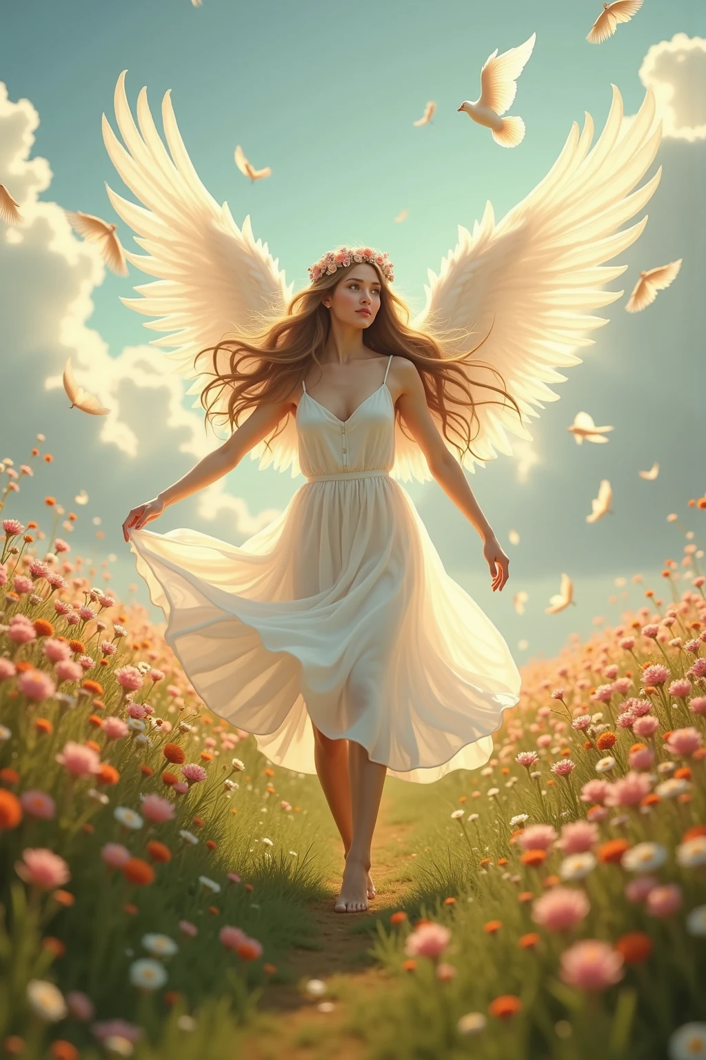 (photorealism:1.2), beautiful woman, Young , dancing in a big Garden, with much flowers ALL collors. And a white angel realist flyer close her . Rices and clouds Golden sky 