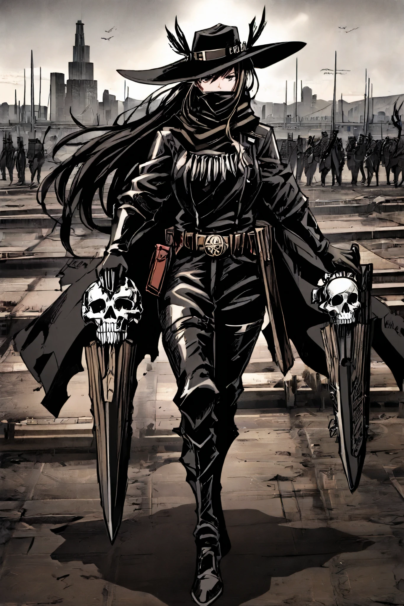 A hybrid between the clothing of an old western sheriff and the equipment of a Civil War soldier, designed to be resistant, discreet and functional.

Base tone :  dark brown ,  gray and black , camouflaging themselves in arid urban landscapes.

Wide Brim Hat with Silver Lining: Similar to that of a ranger, but with a pure silver inner lining, protecting against curses and entities that attack the mind.

Black Scarf with Protective Marks: Imbued with protective inks based on indigenous beliefs and rituals of freed slaves, capable of repelling minor spirits and masking the presence of creatures sensitive to the soul.

Armored Leather Jacket: Resistant to low-caliber bullets, cuts and bites of entities. Designed for mobility in close combat.

Gloves with Blessed Brass Plates: They reinforce the fists for physical confrontations with beings that cannot be Killed with normal bullets.

Rider's Boots with Cold Iron Spurs: A metal lethal to many entities, designed to mark and injure disembodied beings.

Belt with Multiple Cartridge: It contains silver bullets, blessed lead ammunition,  wooden stakes , jars of holy water and improved black powder.

 Revolver  "eclipse": A modified Colt that shoots cartridges imbued with ashes from cursed s, to kill regenerative creatures or ghosts that take physical form.

 Double barrel shotgun  "damnation": Loaded with salt, silver and lead, ideal for neutralizing anything at close range.

Ritualist Bowie Knife: With inscriptions engraved by native shamans, capable of penetrating cursed skin and cutting designed ties.

Symbol of Strength: A sun hidden behind a skull, representing Twilight as the last light before terror takes hold of the night.