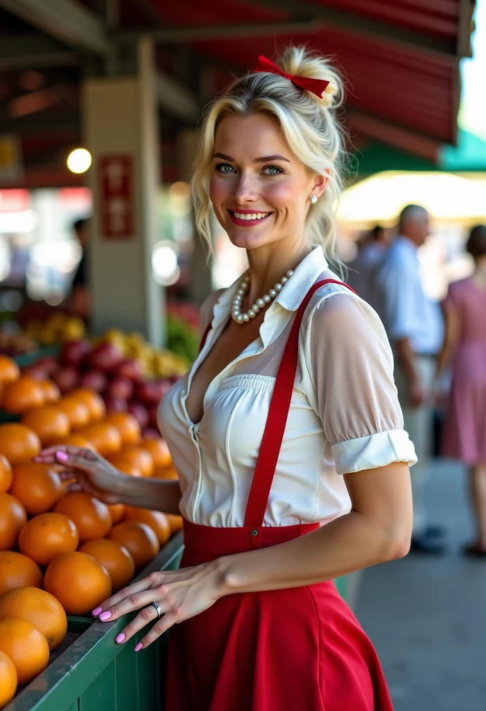 NSFW, photorealist, beautiful face, (masterpiece:1.4), (Best Quality:1.4), extremely detailed, hyper-detailed, Soft lighting, 38 years, beautiful blonde pinup from the 50s, woman in her late thirties standing at a fruit stall in a market, dressed in a white sheer blouse open unbuttoned and a red skirt, covered breasts, white pearl necklace and white pearl earrings, lace stockings with suspenders, perfect body, busty, perfect legs, Intricate details, masterpiece, Best Quality, HD, 8k, ((bottom liso:1.3)), shaved pubic area, big breasts, hanging breasts, very sagging breasts, hard nipples, large and brown, Short blonde bun with a bow in the hair, shaved pubic area, (perfect_face), Intricate, 4k, detailed_bottom, full_body, realist, 8k, sexy, very cheeky smile, very challenging facial expression,pinup512, hands, hands-neg
