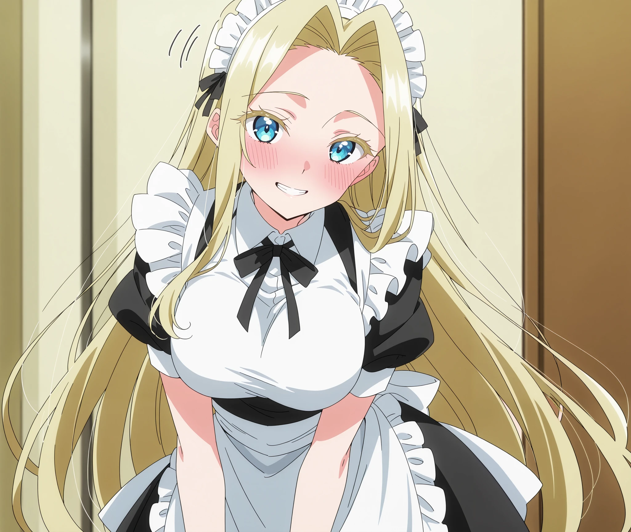 score_9, score_8_up, score_7_up, source_anime, mimimi utsukushisugi, long hair, bangs, blue eyes, blonde hair, very long hair, parted bangs, hair intakes, colored eyelashes, breasts, anime screencap,(Maid uniform, Exposure, blushing), ,motion lines,wide smile,blushing, closed teeth, happy,, showing teeth,looking at viewer, solo,cowboy shot,
