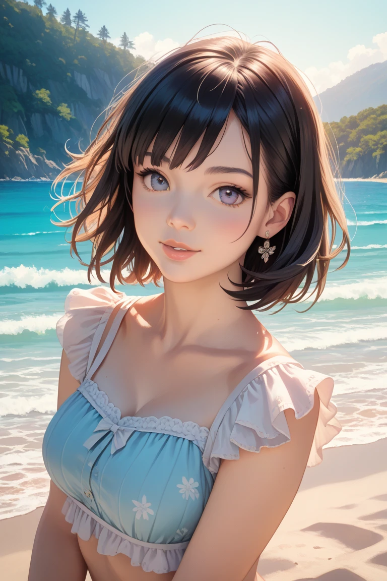 (masterpiece, very aesthetic:1.4), best quality, incredibly absurdres, Accurate, intricate, 8K, stunning, stylized,
ultra-detailed, (incredibly detailed:1.2), fine texture,
cinematic, recent, (vibrant:1.2), (clear pictures, clean lines, crisp edges), illustration, (soft lighting:1.2),
cowboy shot,
BREAK
1 beautiful girl, 18yo, small face, beautiful detailed face, narrow waist, The beauty and danger of growing from a girl to an adult, A symbol of miraculous beauty, Graceful posture, sensual, bewitching woman, (cleavage:0.8),
(burgundy hair, a long single braid hair:1.4), smooth hair, asymmetrical bangs,
BREAK
(aqua blue eyes), black oblong pupils, (slant eyes, glass-like sparkling eyes are blurry and dreamy, beautiful detailed eyes, growing eyes, long delicate eyelashes, Meticulous Eyelash Details),
BREAK
(white camisole Dress, Sleeveless, big straw hat:1.3), (a tiny heart-shaped golden colored ring pendant:1.4),
BREAK
sunny afternoon, beach, blue sky, white cloud,
Soft sunlight that induces afternoon drowsiness, delicate gentle breeze,
Motivated Light, complex lighting,
(walking quietly towards the viewer, on the edge of the beach),
BREAK
gorgeous lips, natural pink lips, beautiful detailed lips, Glossy,
(seductive smile:1.3), perfect eyes,
