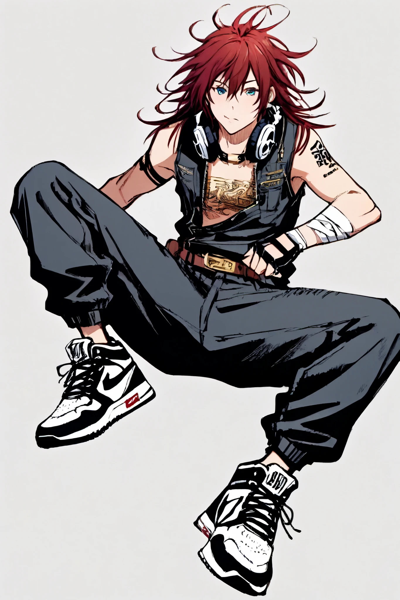 Clothing and appearance :

loose and patched pants, b-boy style, with gold patterns and tiger symbols on the legs.

Sleeveless vest,  open , with leather straps on the shoulders and metallic details on the chest.

 bandages on the arms , some worn out, with kanji inscriptions representing speed and ferocity.

Personalized sneakers, with reinforced soles for quick movements and acrobatic turns.

 short, disheveled hair , with a long tuft dyed red on the front.

accessories: He wears thick headphones on the neck and a pair of fingerless gloves.