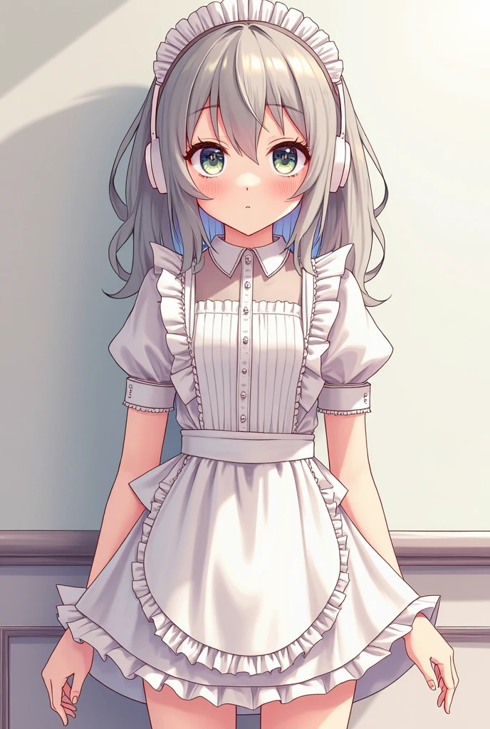 Anime girl in a short dress and headphones standing in front of a wall ...