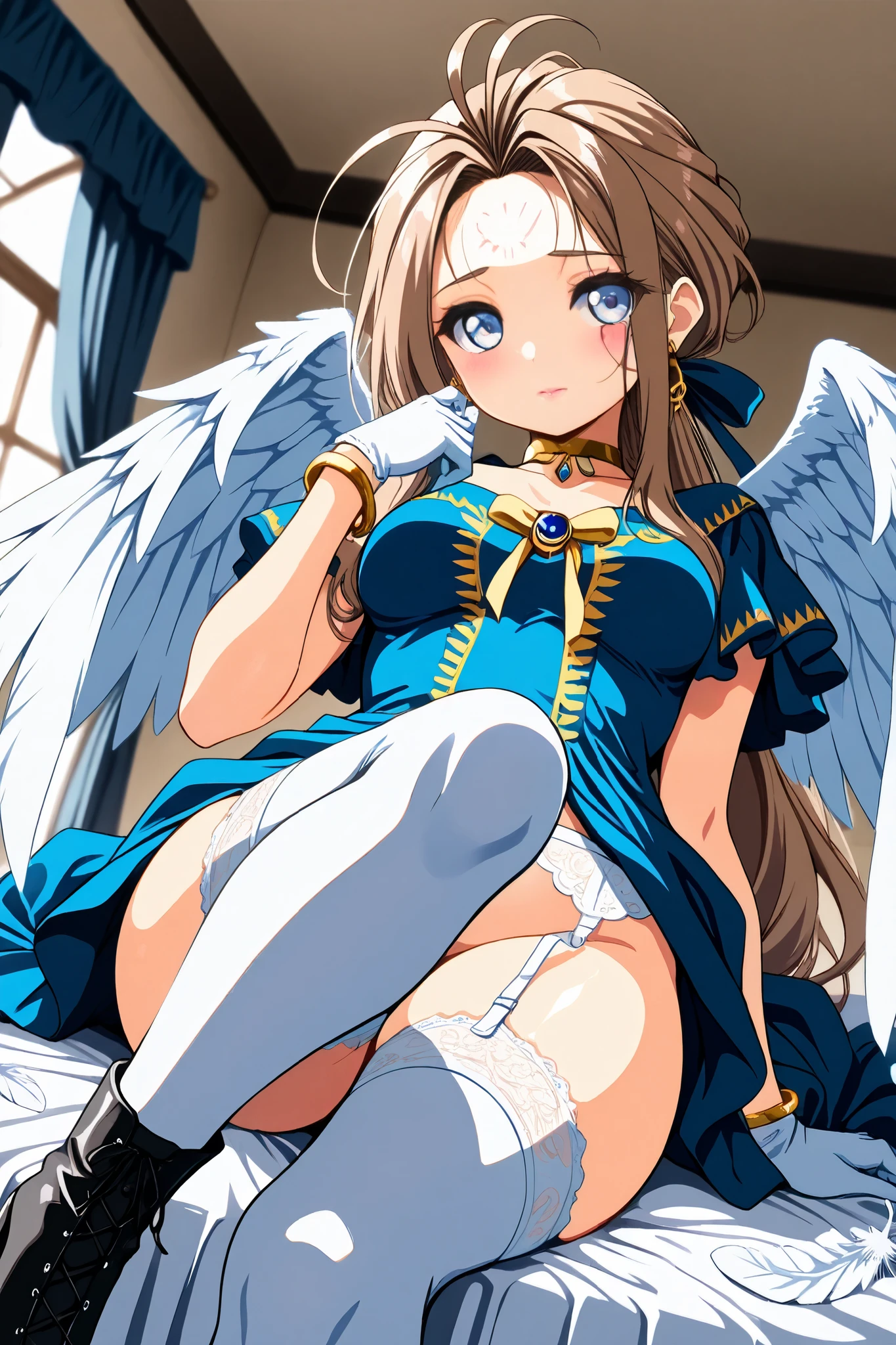 ((Highest quality)), ((masterpiece)), (detailed), One girl, Sexy masterpiece,　1 girl, 独奏, large breasts, light blue eyes, hairs between eyes, gray hair, extra long hair, grin, hand between legs, close up, with angelic wings and halos, in a heavenly paradise. flowing white gowns with golden accents and delicate