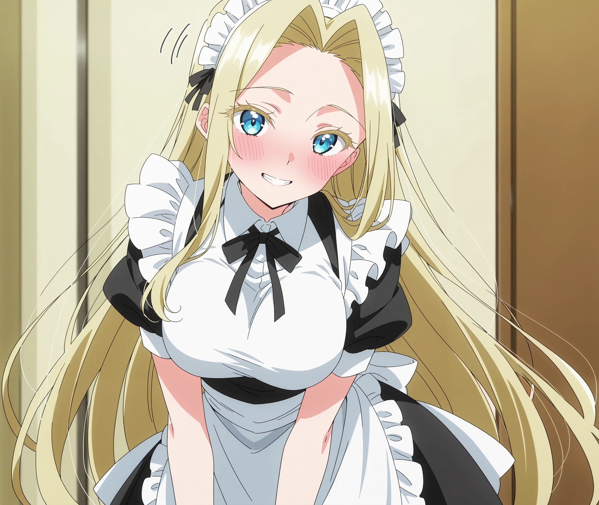 score_9, score_8_up, score_7_up, source_anime, mimimi utsukushisugi, long hair, bangs, blue eyes, blonde hair, very long hair, parted bangs, hair intakes, colored eyelashes, breasts, anime screencap,(Maid uniform, Exposure, blushing), ,motion lines,wide smile,blushing, closed teeth, happy,, showing teeth,looking at viewer, solo,cowboy shot,
