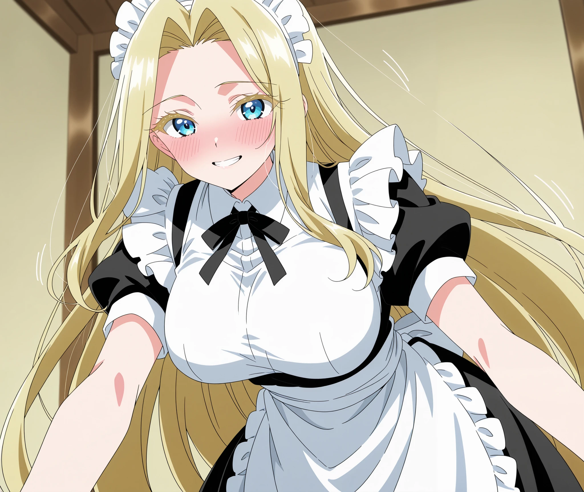 score_9, score_8_up, score_7_up, source_anime, mimimi utsukushisugi, long hair, bangs, blue eyes, blonde hair, very long hair, parted bangs, hair intakes, colored eyelashes, breasts, anime screencap,(Maid uniform, Exposure, blushing), ,motion lines,wide smile,blushing, closed teeth, happy,, showing teeth,looking at viewer, solo,cowboy shot,