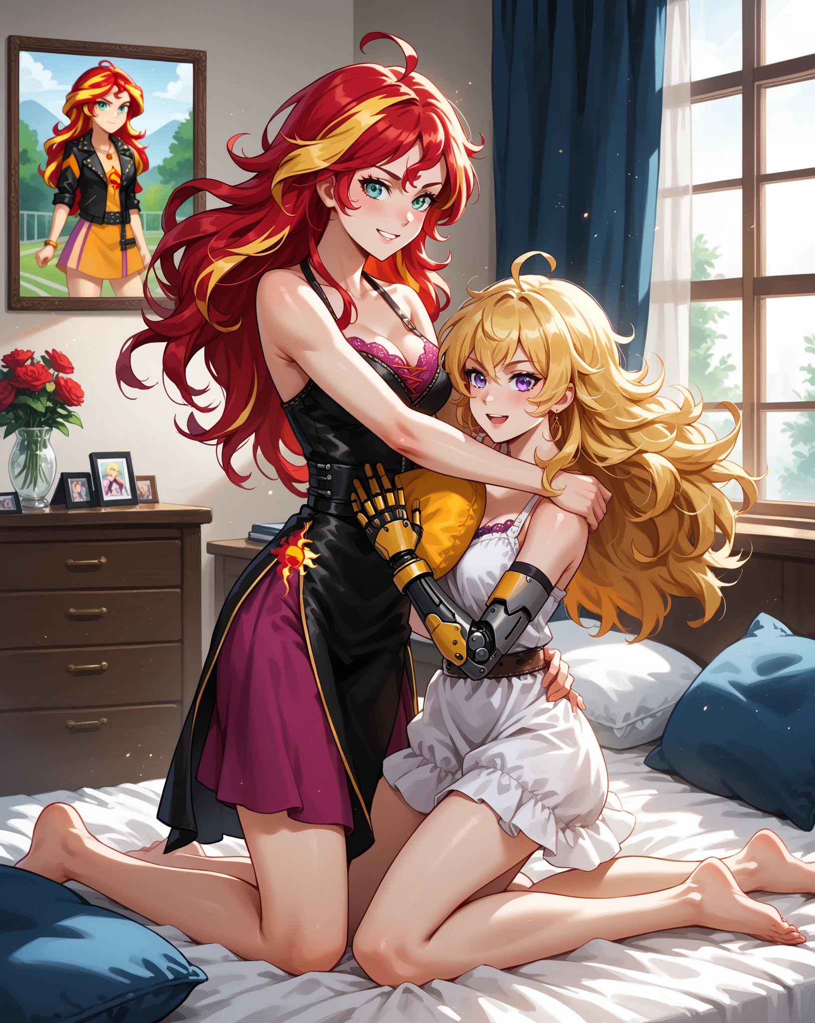 Magik (blonde) and Dark Phoenix (red hair) kissing in bed, photorealistic, 8k, Photo raw, depth of field