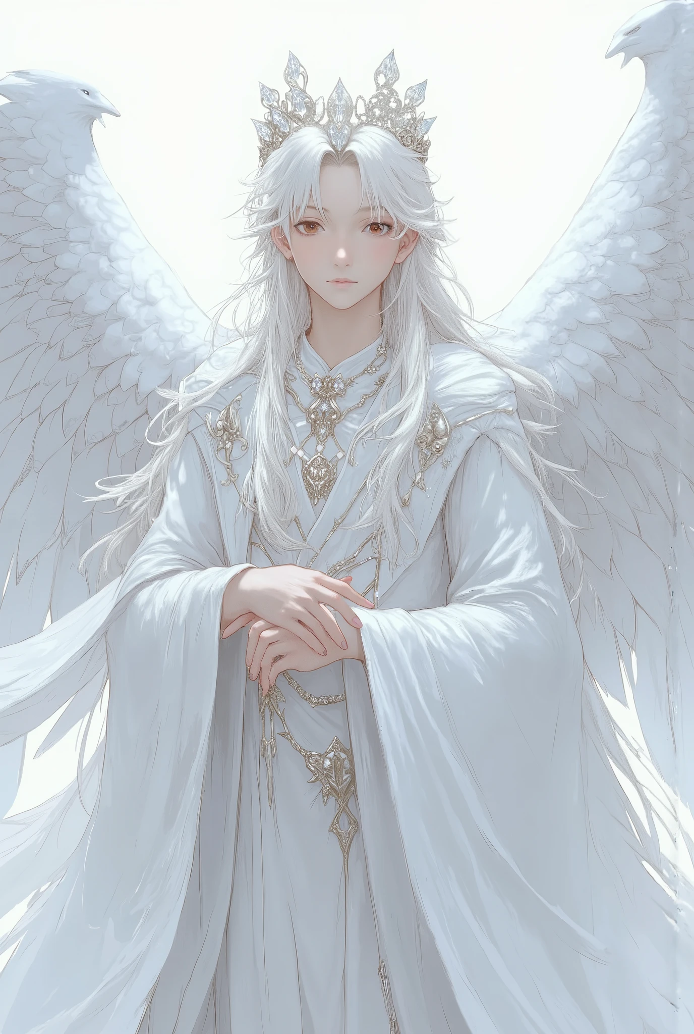 a male , full body photo,, boys with long white hair ,Light, flowing hair ,White Angel, with a sparkling crown , slender, good-looking hands, looking at the camera with cold eyes ,Hands with diamond rings ,High-end, young and energetic, Good condition ,Very handsome脸瓜子脸,White luxury costume set ,White clothes ,Long skirt,jewelry, White Skin, charming eyes , with big white wings on their backs,Angel Wings, Very handsome, pure white background, white fog fog
