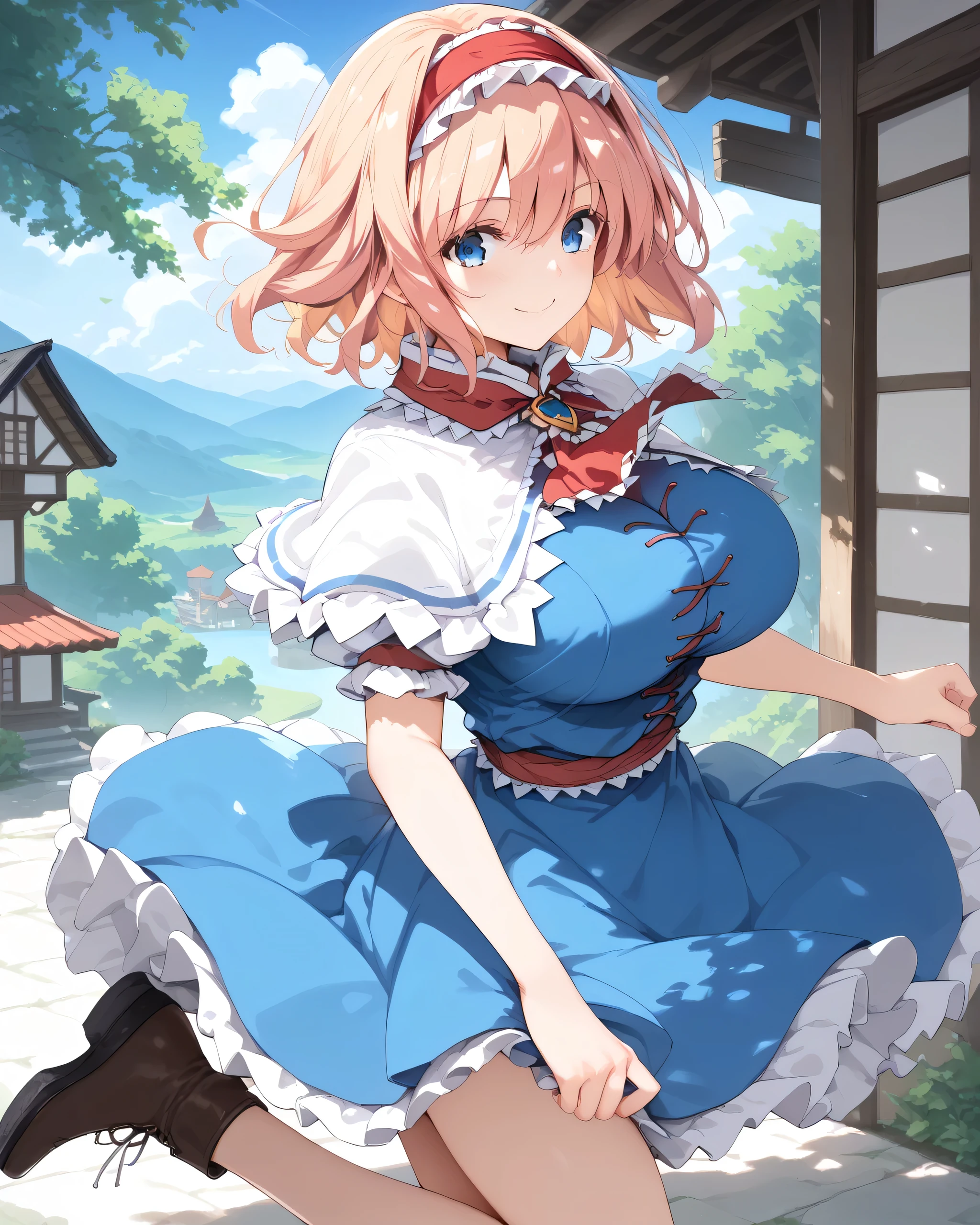 score_9, score_8_up, score_7_up, BREAK
Source _anime, Highest quality, masterpiece, rating_ explicit, uncensored, Break
1 Girl Break
Alice Ng, alice margatroid, medium hair, blond hair, blue eyes, ,red hair band, hair band, frilled hair band,
White Capelet, blue dress, ruffle dress, ruffled ascot, red ascot, Puffy Short Sleeve, brown footwear, cross lace footwear, Bbo~,
big breasts, smile, , viewers after shaving armpit hair,
(Dutch angle:0.2),
straight on,
close-up,
(rear view:0.6), from behind,
outside, Japanese Village,people々,
,wind, floating hair,