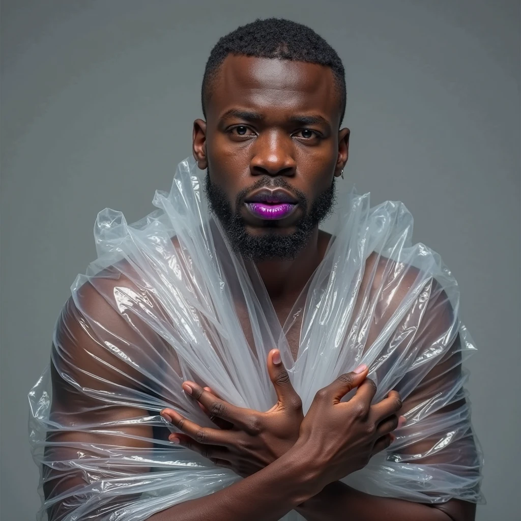 A 25-year-old pervert priest, tall, 195 cm, black-skinned, wearing an open white robe, has a long, hard, wide, swollen black penis with bulging veins.