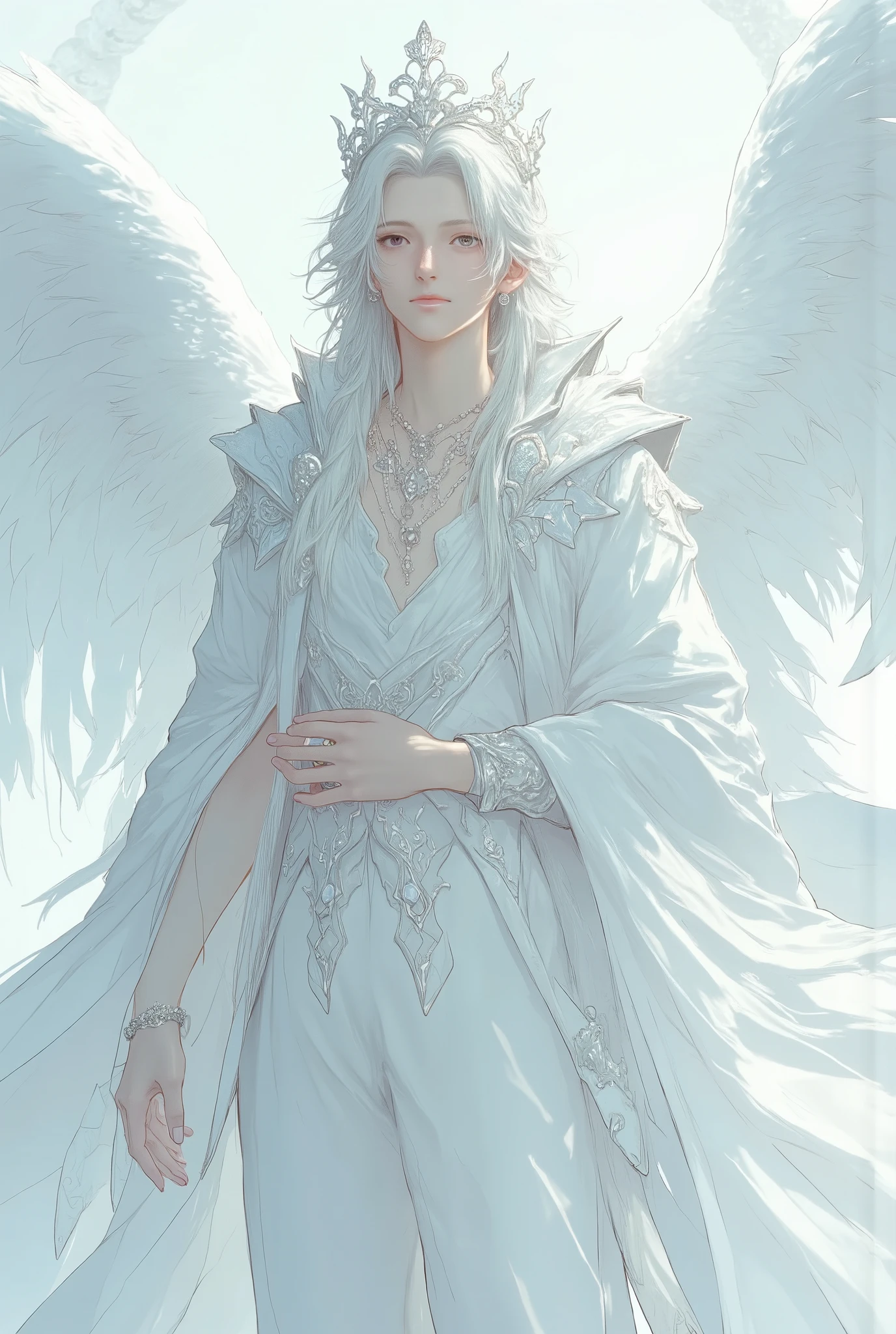  a male  ， full body photo，, boys with long white hair ，Light, flowing hair ，White Angel， with a sparkling crown ， slender, good-looking hands， looking at the camera with cold eyes ，Hands with diamond rings ，High-end， young and energetic， Good condition ，Very handsome脸瓜子脸，White luxury costume set ，White clothes ，Long skirt，jewelry， White Skin， charming eyes ， with big white wings on their backs，Angel Wings， Very handsome， pure white background， white fog fog