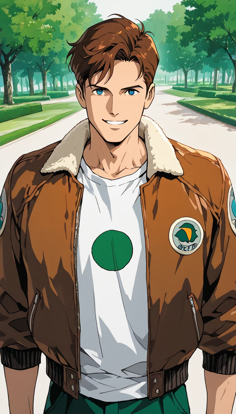 (1boy, hal Jordan), (extremely detailed CG unit 8k wallpaper),(master part), (best quality), (ultra detail), (best illustration),(ghibli_style), cowboy shot, dutch angle, close up, standing, facing viewer, looking at viewer, perfect face, perfect eyes, perfect fingers, (Sharp eyeliner, ombre, detailed eyes:1), traditional media, outdoors, park, break , upper body, solo, smile, (nrown hair,short hair,male focus,broad shoulders, muscular, white shirt, bomber jacket,