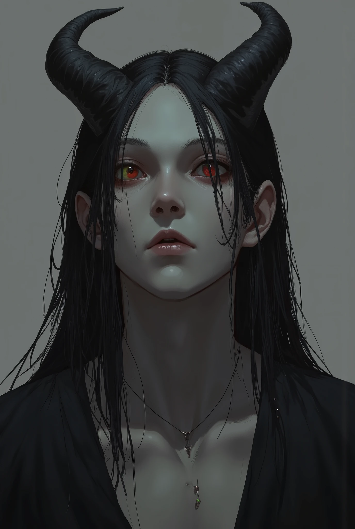 Man with imposing demonic appearance, with greyish skin and dark horns that curve backwards. His eyes are different colors: one red and one green, which accentuates its disturbing appearance. her hair is black, straight and shoulder length. His figure is tall and muscular., with a presence that combines elegance and ferocity.