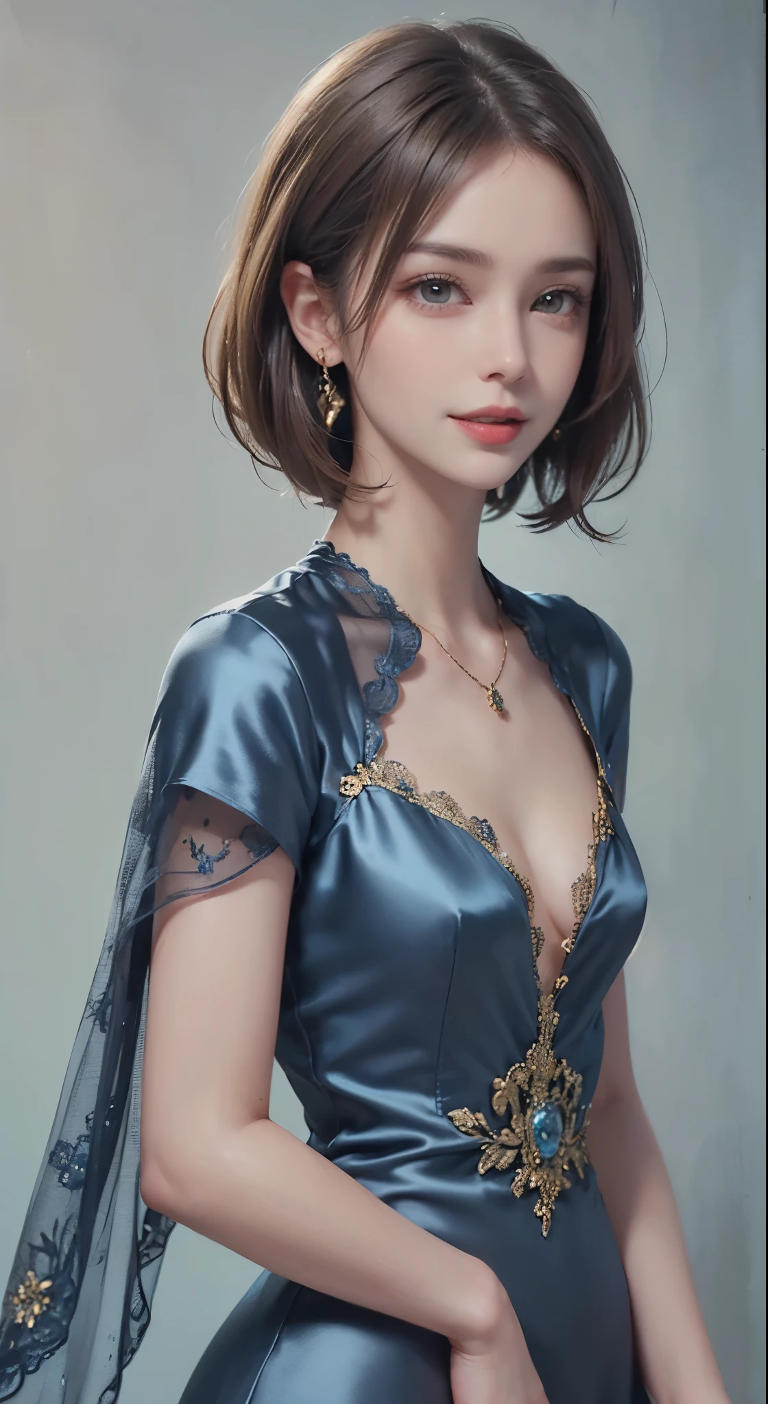 25-year-old Caucasian woman、hair color is reddish、blue eyess、Short Bob、setting hair、Wearing hair ornaments、My hair is wavy、Slender but thin macho、accessories on the wrist、wearing a chain necklace、Beautiful breasts、a smile、I need space above my head、She is wearing a transparent mini-length princess dress.、Wearing mules、a smile、art nouveau background