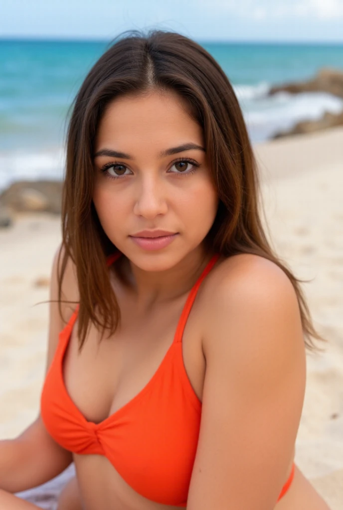 Brazilian woman in bikini with tied hair kneeling looking forward, the image should be from top to bottom with her looking in my direction looking up