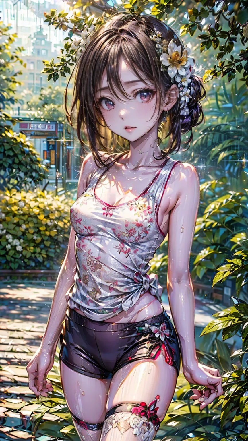 ((Best Quality, 8K, Masterpiece: 1.3)), (Flower Cap: 1.3), Focus: 1.2, Perfect Body Beauty: 1.4, Buttocks: 1.2, (Layered Haircut: 1.2)), (Dark Street: 1.3), Highly Detailed Face and Skin Texture, Full Body, Delicate Eyes, Double Eyelids, Whitened Skin, Long Hair, (Round Face: 1.5), (Loose Crop Top, Shorts: 1.6)