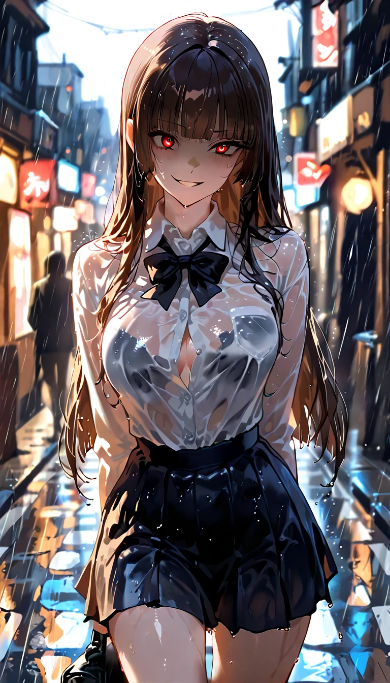 ((Highest quality, 8K, masterpiece:1.3)), ((Layered Haircut), (Wet clothes: 1.1), (rain, street:1.3), , J Cup, Soft Breasts, valley, Delicious breasts, Highly detailed face and skin texture, Beautiful Eyes, double eyelid, Whitening skin, Long Hair, (shut up: 1.3), smile, Condescending look、The pose is with both hands behind the head.

