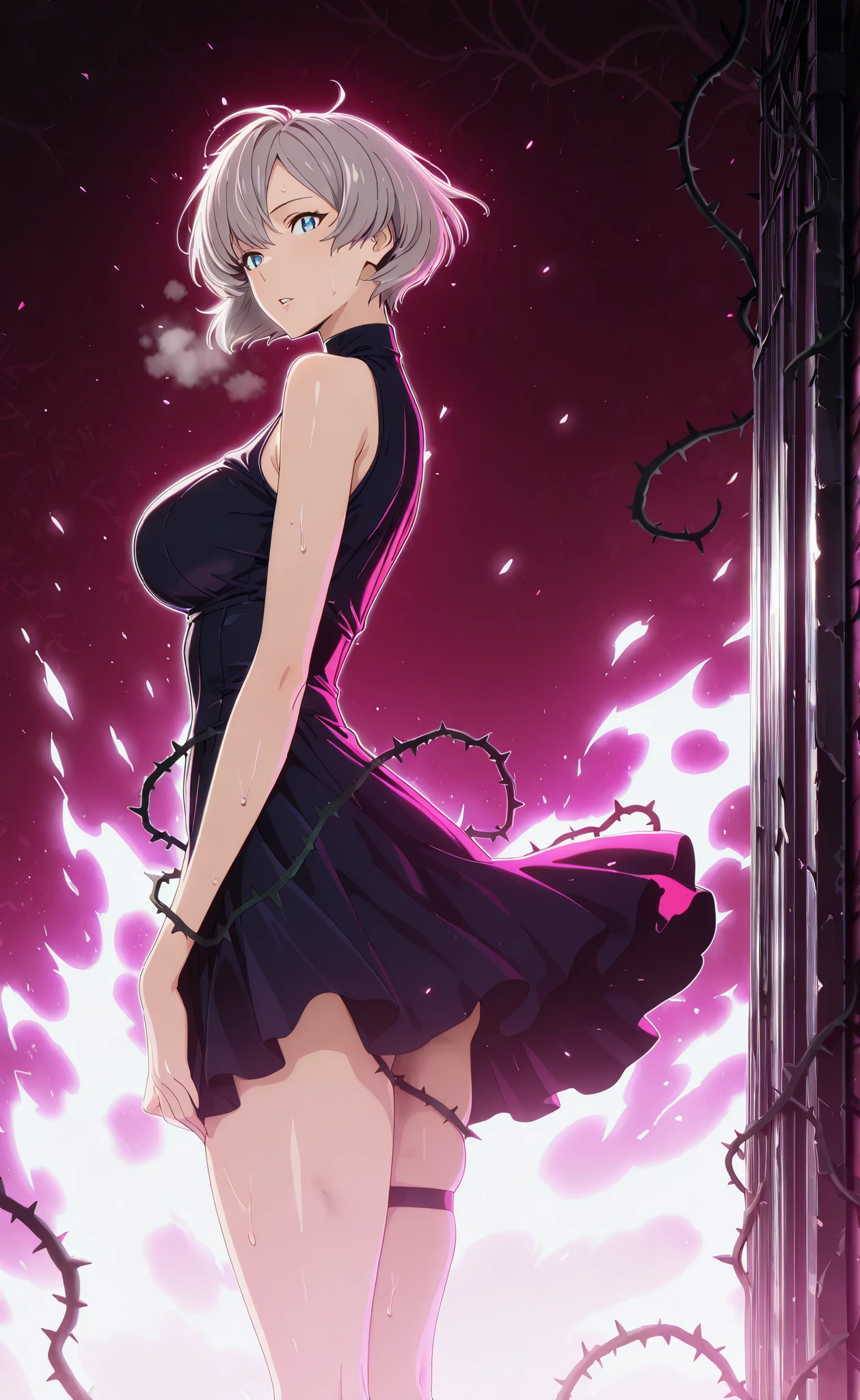 Masterpiece, high quality, absurdres, best quality, very aesthetic, newest, dramatic light, chiaroscuro technically, contrasting color, dynamic composition, anatomical correct, HD, 4K, digital art, trending on DeviantArt, perfect body, perfect eyes, detailed eyes, perfect fingers, gasping, heavy breathing, excessive sweating, sweating, sweating profusely, gasping profusely, cinematic, ((skindentation)), ((voluptuous)), 1girl,Mujina,short hair,grey hair,blue eyes,mature_female, bright pupil, ((white outline)), 1girl, solo, thorns, red_background, dress, looking_at_viewer, plant, black_dress, breasts, simple_background, bare_shoulders, vines, standing, sleeveless, parted lips, sleeveless_dress, from_side, weapon, (aura), (black aura), (dark aura), looking at viewer, ground, dirty,