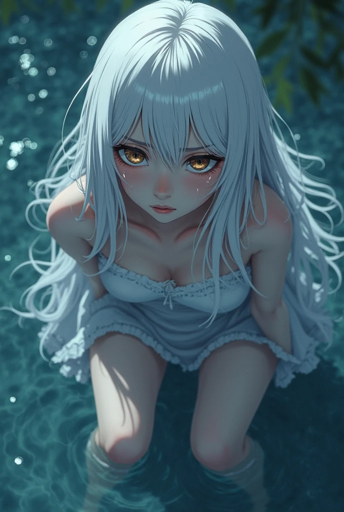 [(Transparent background:1.5)::5],(((masterpiece))),(((best quality))),(((extremely detailed))),illustration, 1girl,solo,mysterious,vivid color,shiny, underwater transparent sealed hemispherical glass dome, white hair,red eyes, full body,barefoot,long hair tranquil nature, koi,Underwater, Dome,close up,Dynamic actions,Lens perspective,(((Box composition))),sit cross-legged and lean against the bookshel,