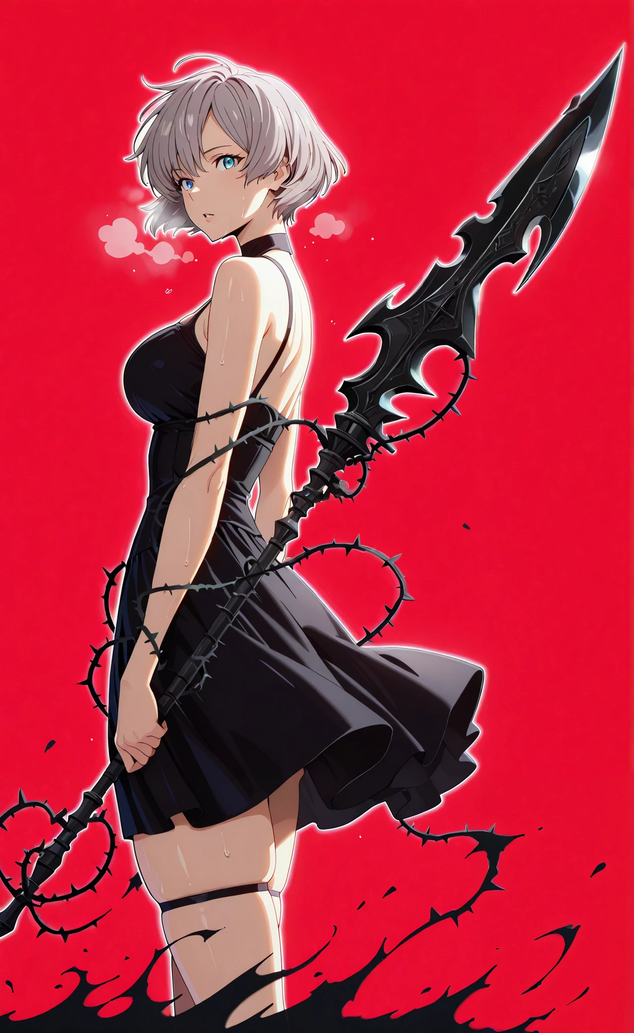 Masterpiece, high quality, absurdres, best quality, very aesthetic, newest, dramatic light, chiaroscuro technically, contrasting color, dynamic composition, anatomical correct, HD, 4K, digital art, trending on DeviantArt, perfect body, perfect eyes, detailed eyes, perfect fingers, gasping, heavy breathing, excessive sweating, sweating, sweating profusely, gasping profusely, cinematic, ((skindentation)), ((voluptuous)), 1girl,Mujina,short hair,grey hair,blue eyes,mature_female, bright pupil, ((white outline)), 1girl, solo, thorns, red_background, dress, looking_at_viewer, plant, black_dress, breasts, simple_background, bare_shoulders, vines, standing, sleeveless, parted lips, sleeveless_dress, from_side, weapon, (aura), (black aura), (dark aura), looking at viewer, ground,