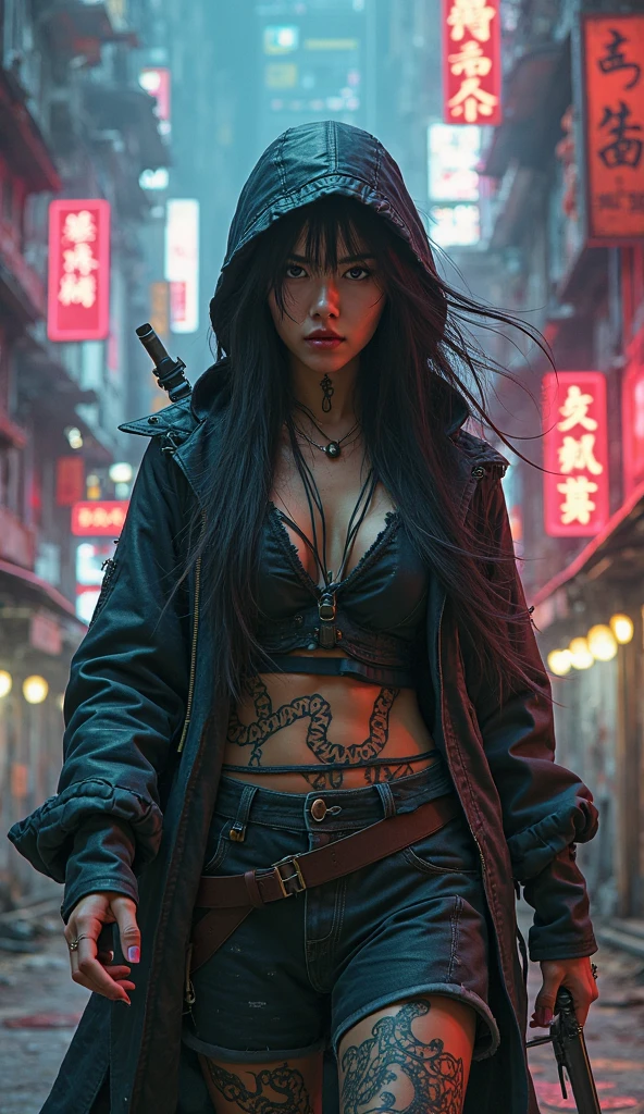1female samurai cyborg wearing a cloak, (Black Coat:1.2), holding sword, Katana, God of War, complex, 8k, (Masterpiece, Best quality:1.2), extremely detailed, cinematic, iridescent, armor, mecha,full body