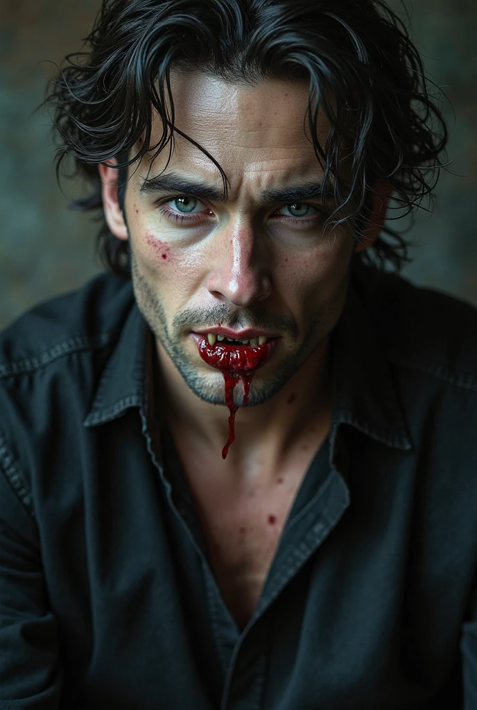 Jesus of Nazareth portrayed by Henry Cavill showing the viewer his wounds, realistic skin, skin pores, intricate detail, high contrast, realistic skin, skin pores, intricate detail, film photo, solo, covered in blood, blue eyes, bleeding heavily from scalp onto forehead, blood on hands, stigmata on hands, bloody holes on the hands, black background