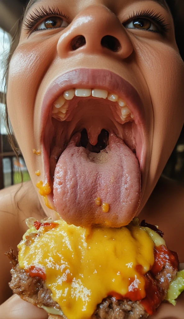A hyper-realistic scene of a women at the kitchen table eating a burger, she shows the viewer the contents of her chewed up burger (being playfully)、licking viewer, 1 girl,lip,( saliva ), Staring  _in_ viewer,,tongue_outside,flap,length_tongue,thick lips, drool with passengers, Fisheye Lens ,close-up,Show your nostrils,Emphasise the nostrils,, mouth very wide,, A 30 years old gorgeous bbw woman. (((Extreme zoom in of her mouth, close up, saliva stand falling from roof of mouth))) ((a playful expression on her face)) (((chewed up burger, chewed up, in her mouth))) (((burger contents: lettuce, tomato, american cheese, beef, ketchup))) She's looking at the viewer, mouth open. 
