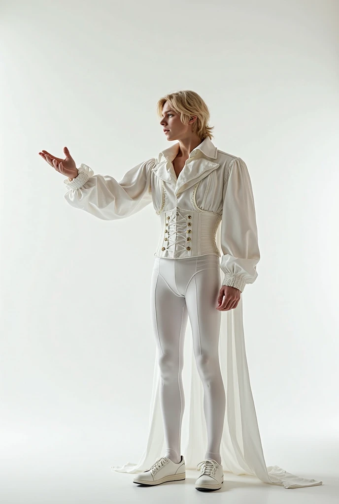 Whole body, teenage boy ballet jacket boy, medieval, silk fabric, corset,along with pants with a skirt behind,ancient, delicate, Royals, delicate, Simple, White background, vista Whole body.