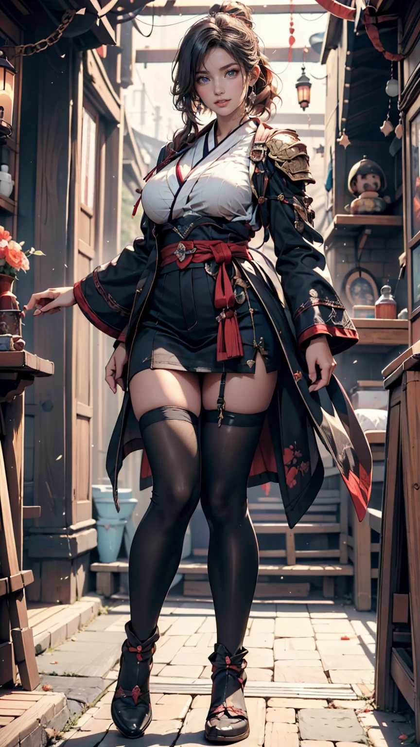 (surreal), (illustration), (high resolution), (8K), (very detailed), (best illustration), (beautiful detail eyes), (best quality), (super detailed), (masterpiece), (wallpaper), ( detailed face), Otherworld, (a mature woman), (wearing an ancient Japanese ninja costume), (black knee-length stockings), (full body portrait), (wavy hair in black waist), stunning facial details, slender legs, wearing shiny earrings, standing in front of the imperial palace with highlights on the legs