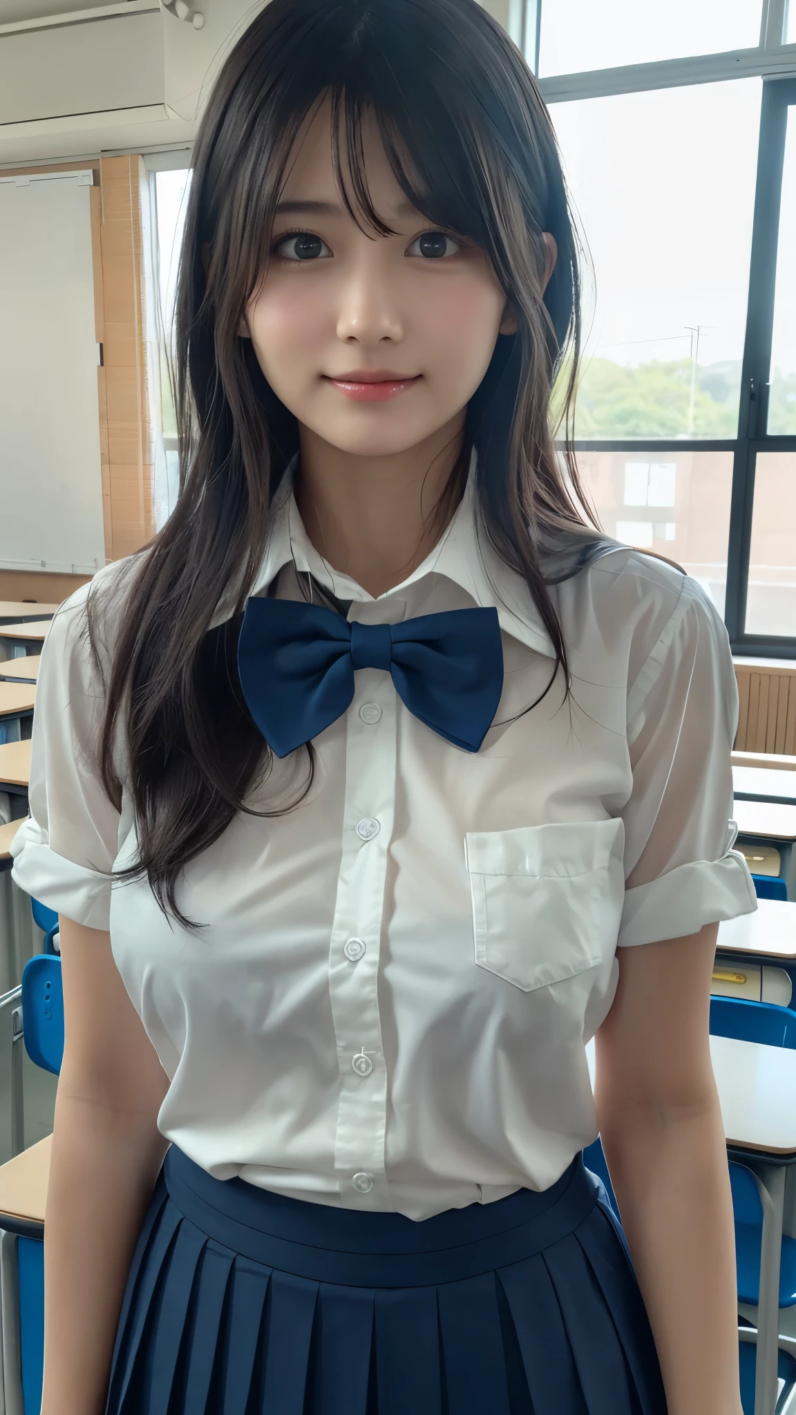 (masterpiece:1.2), Japanese, (15 years old), (a girl),  (Collared shirt), (skirt), (bow tie), bedroom, (((both hands on her small breasts))), smiling, 