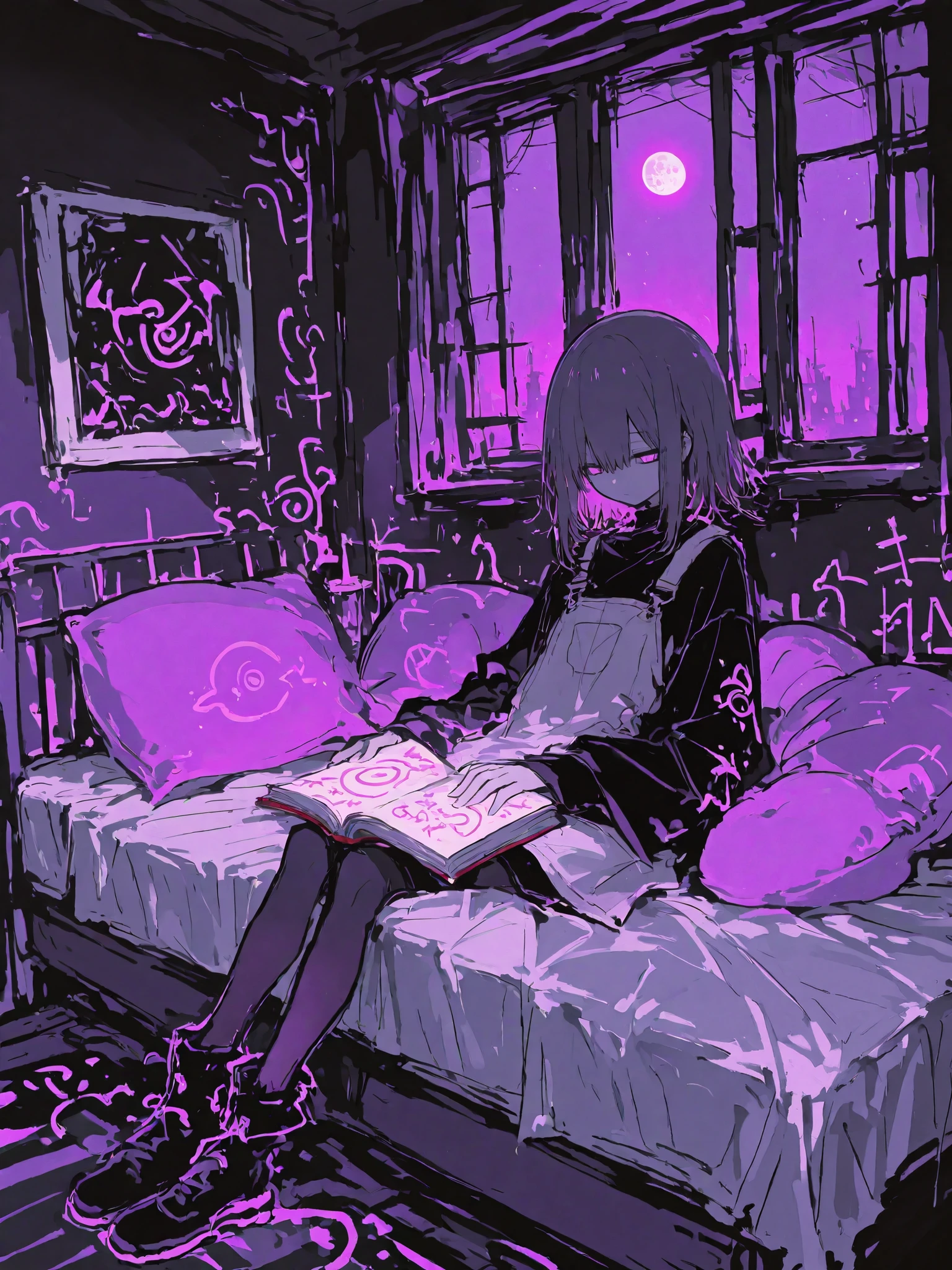 masterpiece, best quality, ultra-detailed,r17329_illu,usnr,luisap, General,xxx667_illu,masterpiece, best quality, 8k, highres, ultra-detailed,HDR, UHD, studio lighting ,Low Fidelity art. pastel,A quiet moment in a room lit by soft purple lighting. A person is sitting on a bed, reading a book, while the entire room is softly illuminated by the purple glow. The room is decorated with a pink cushion and a bluish bedspread, adding subtle touches of color. A window in the background reveals the deep blue night sky and a glowing moon outside. The character, drawn with a relaxed posture, sits comfortably, surrounded by the nostalgic feel of the scene. The lines are simple and rough, but the overall atmosphere is serene, with the purple light wrapping everything in a calm and tranquil mood.