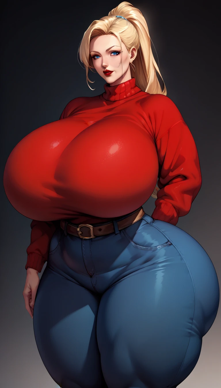 score_9, score_7_up, score_6_up, source_anime, mature female, milf, 1girl, blue eyes, blonde hair, solo, high ponytail, long hair, curvy, hyper breasts, hyper hips, hyper thighs, hyper butt, red lips, red sweater, brown belt, blue pants