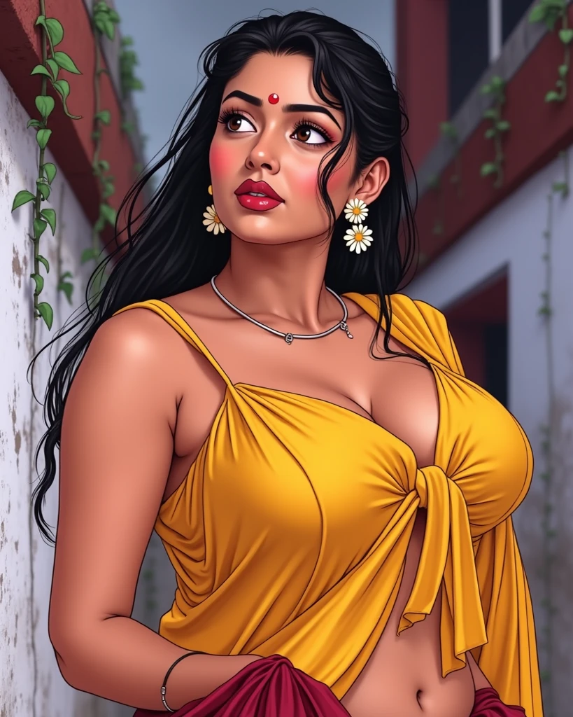 Beautiful indian woman, portrait, wearing saree, detailed face, cute, big eyes, iconic, photorealistic, village hut, balcony, detailed background, big breasts,  minimal clothing, wet body, long braid hair, curvy body, symmetric face, masterpiece, 8k, ultra realistic