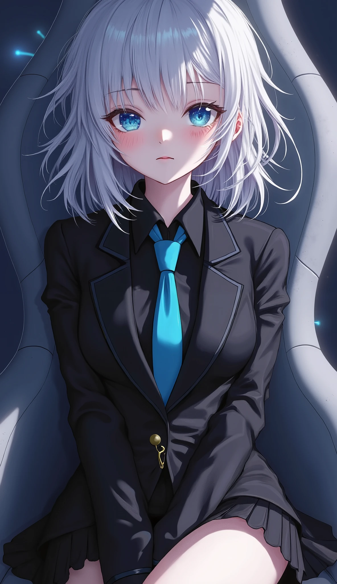 girl white messy medium hair , sparkly crystal blue eyes , high technology , Wear a black tent suit , cyan necktie , black shirt in suit , black short skirt , high resolution , sleepy face , Feeling flustered , Tied up arms , Read documents on your desk , Sit with your arms around your chest and cross your legs. , hair closed eyes , Open your eyes , space station bedroom background , perfect body , large breasts , look like a girl , cute face, girl face , tall body , full boby , anime ,1 girl