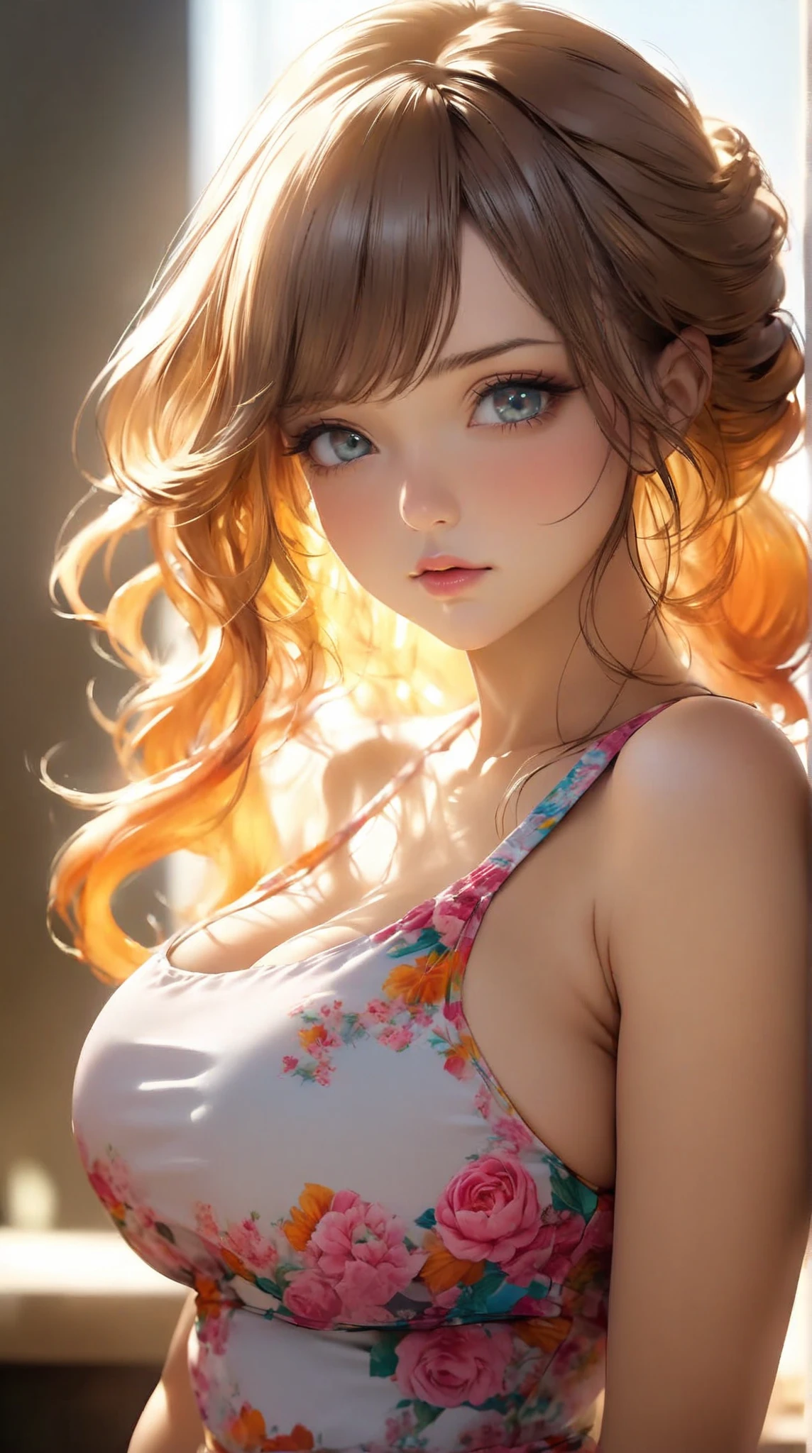 (masterpiece),(Highest quality:1.1),(Super detailed),Best illustrations,In detail,(Portraiture:1.1),(Watercolor),floating,One girl,solo,slim,(Very delicate and beautiful face),(Beautiful eyes in every detail),Pink thick lips,(Disheveled Hair),(Crop top),4K,Cleavage,Beautiful breasts