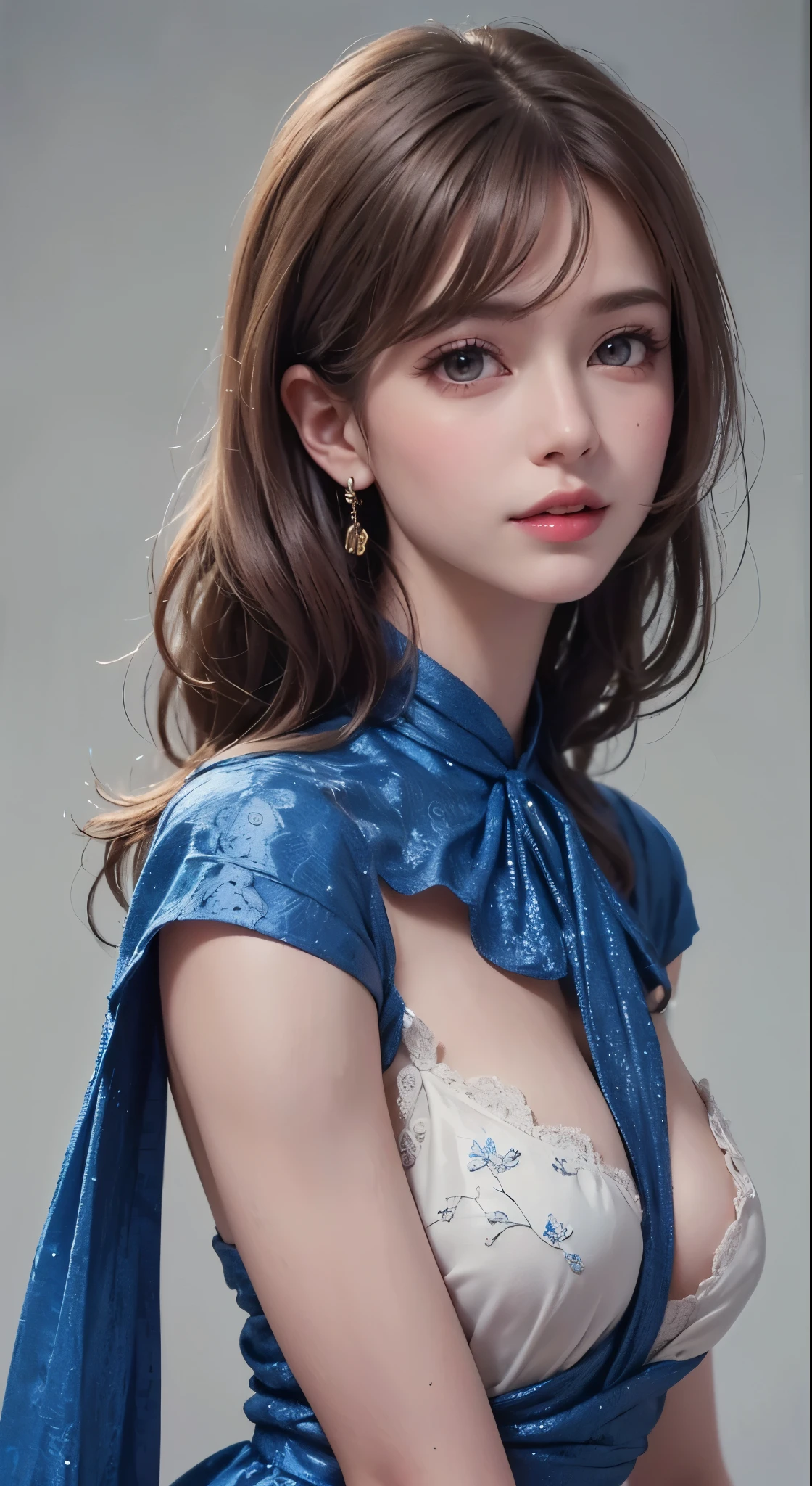 1girl,face,curly hair,red hair,white background,small breasts(1. beauty , Supermodel ), ( Perfect Anatomy ), (( upper body shot)), Golden Ratio, (top quality:1.4), 32k resolution, ( realistic :1.5), High resolution UHD, (masterpiece :1.2)), (Improved quality:1.4), ( Very beautiful face details ), (Grin), (top quality), ((blue silk dress decorated with finely detailed pattern :1.37)), earrings, necklace, (small Breasts:1.3), (thigh), Accurate Fingers, very detailed, beautiful eyes, double eyelids , eyelash , Shaping your eyebrows, ((very detailed)), red cheeks , Ultra- realistic eyes, Perfect Lips, perfect eyes, natural cosmetics , [ pink lipstick ], (( Commitment to quality :1.2)), ( beautiful lips:1.33), (Great nose:1.2), (small Breasts), brunette pixie cut, (( realistic )), (( Sharp Focus )), ( Highest Resolution ), (( high image quality)), ((masterpiece)), Professional Cinema Lighting