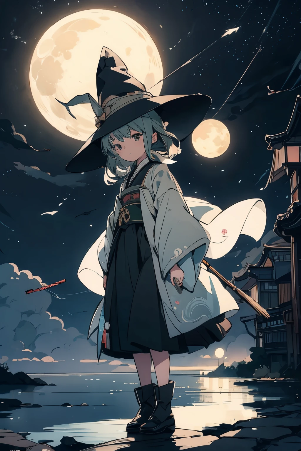        Translucent Illustration       、     Japanese anime style illustration     、    Small Shadows Seen in the Distance    、  Shadow of a Little Witch Straddling a Broom Can Be Seen in the Distance 、green、   Dynamic Angle 、   is amazing、 Highest precision、 top quality 、    fantasy、Effective Production       、     Full Moon Seen in the Distance     、   Seaside Town Sky at Night    、    Horizontal Line、movie、   artistic、delicate、sentimental、 highlights 、 Contrast 