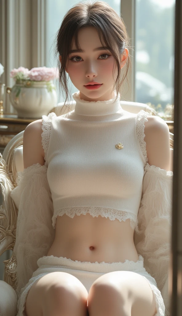 ( top grade , masterpiece:1.3, Ultra High Definition ,),( exhaustive ,),( realistic :1.4,RAW shooting,),cowboyshot, hyperrealistic capture , 非常にexhaustiveな, High resolution 16K , natural skin texture , pore, 簡単に識別できるようにexhaustiveに表示する必要があります, looks uniform and healthy , use of natural light and color ,cowboy shot with crotch spread from behind, white turtleneck made of lace, skin is sparingly exposed, Japan,22 years old, cute, boyish ,Very Short Haired,dark brown hair, dark brown eyes, tag , big boobs, slightly embarrassed smile , Put your body forward,( Front :1.1), look at the camera and smile , cowboy shot with crotch spread from behind ,Cafe made of white and stainless steel,Sit on an S-shaped curved chair and cross your legs