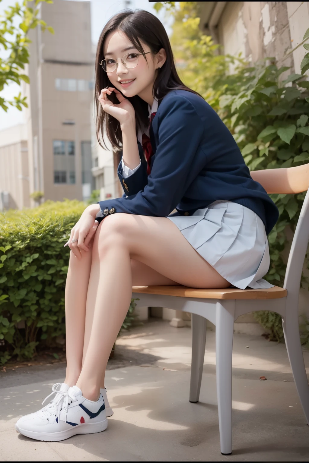 A neat and beautiful woman sitting on a park bench、black hair、hoodie、skinny denim、sneakers、socks slightly visible through shoes、refreshing smile、smiling showing teeth、full body photo、


