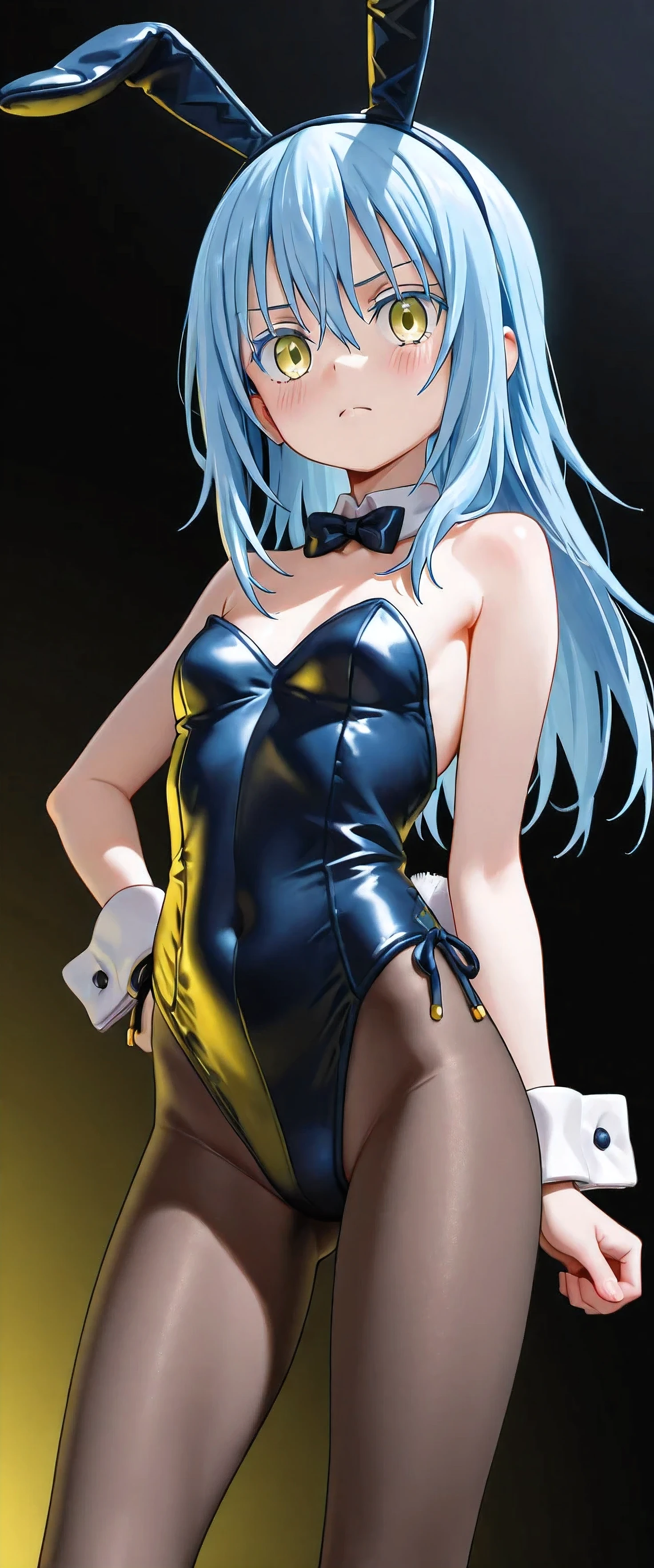 ultra detailed, Hatsune Miku, ((miracle paint)), photorealistic, cinematic lighting, (seductive anime girl), beautiful style, fair skin, beautiful charming anime woman, masterpiece portrait, smile, shining blue eyes, magician's outfit, ((Blue-green long hair, low ponytail:1.3, earrings, black top hat, red bow tie, black bodysuit, wear a black tuxedo:1.3, dark brown knitted tights:1.3, black high heels, white lace gloves)), dance with a stick,